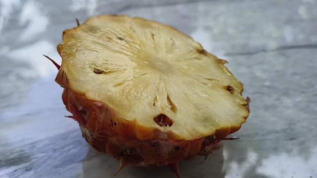 Pineapple fruit cut piece with skin isolated on white table background. Ripe fresh and organic juicy pine apple. Healthy sweet or dessert diet snack concept.