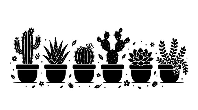 Set of potted succulent plants and cacti, graphic illustration of various houseplant species, isolated on white background, ideal for decoration and design elements