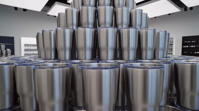 Stacked stainless steel tumblers in a warehouse setting.