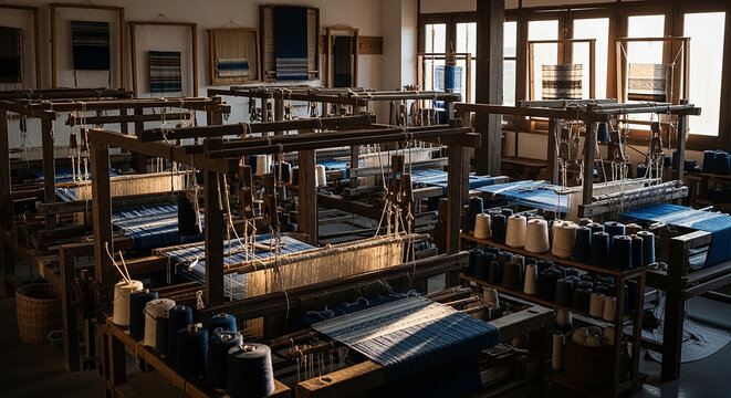 Traditional Weaving Workshop with Looms and Threads