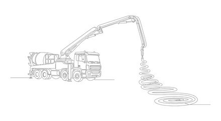 Obraz premium Concrete pump truck line art, construction machinery pouring cement, industrial equipment illustration