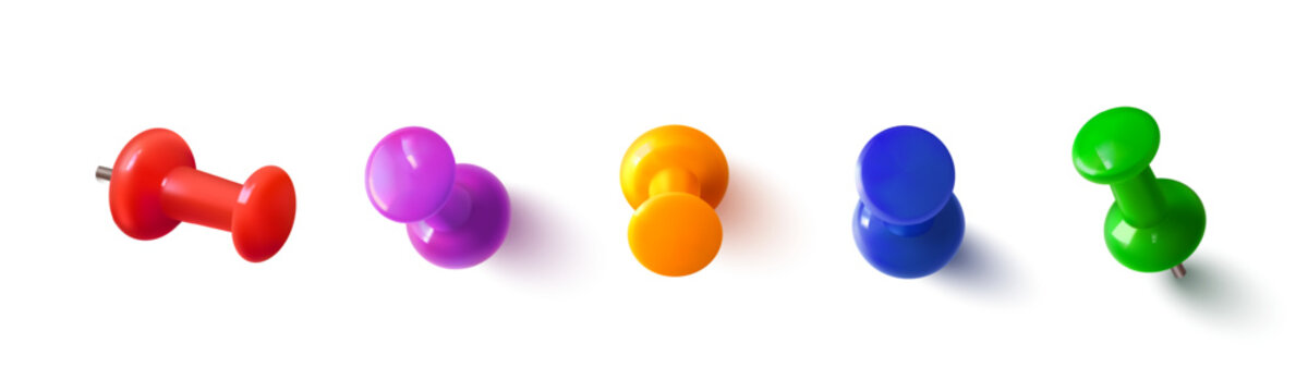 Color thumbtack pin icons with shadow, 3d realistic vector set isolated on white background. Pushpin design of different kinds for office board, paper notes, and memo fixation