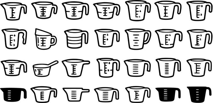Food and Kitchen Measuring Cups Vector Icon Set in Black Line Art, Outline, and Silhouette Styles for Cooking and Baking Supplies and Ingredients