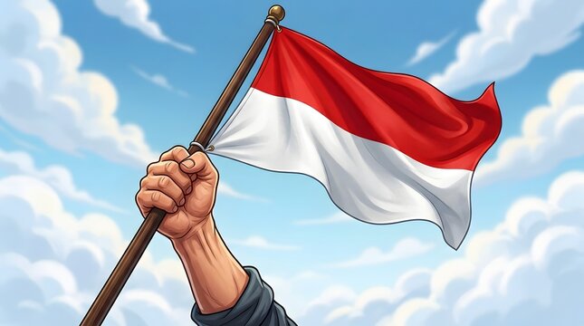 A strong hand proudly waves the red and white Indonesian flag against a backdrop of blue sky and white clouds, symbolizing national pride and freedom