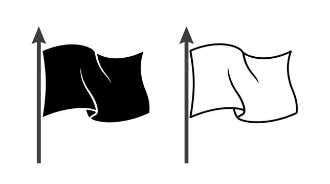 Two minimalist black and white flag icons waving on poles, representing symbols of surrender or peace and opposition