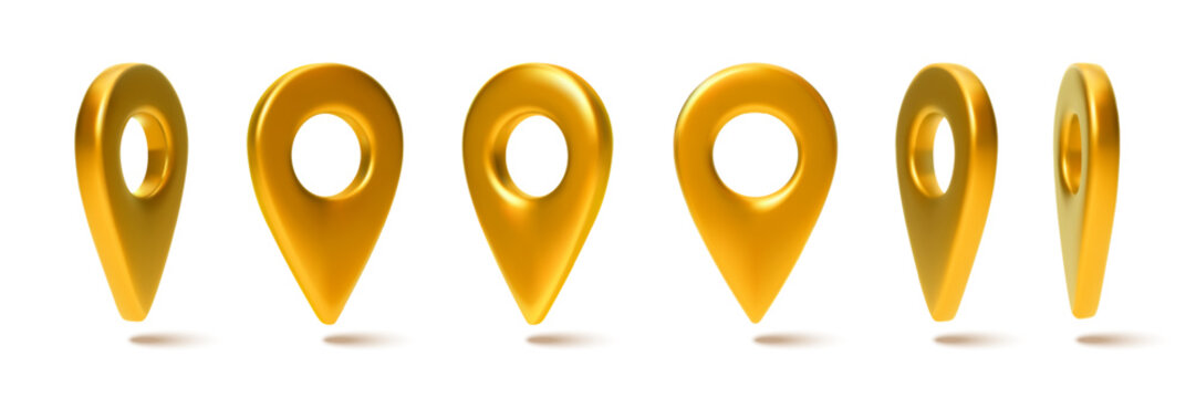 Golden 3D map pins, vector icons isolated on white background. GPS location marker for navigation apps, travel routes, and destination points with realistic design. Geo tags in different positions