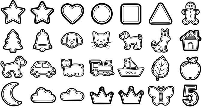 Black and White Line Art Cookie Cutter Icons: Animals, Nature, Objects, and Shapes