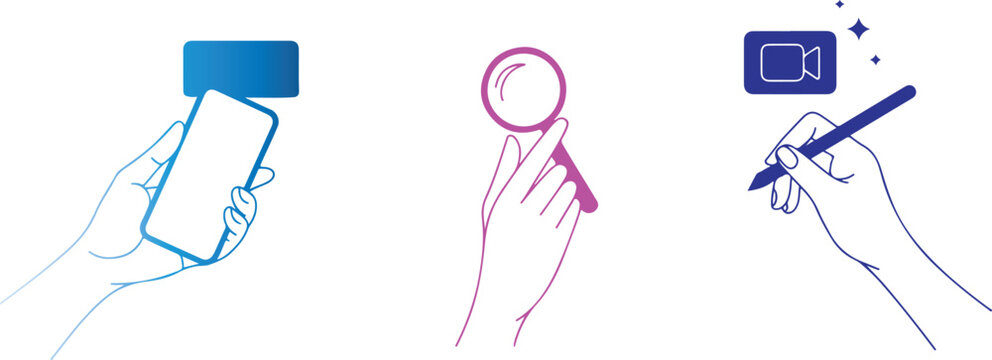 Hands holding various objects like smartphones and writing utensils  creative tools
