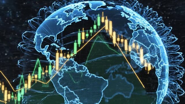 Global finance stock market digital data technology economy trading graph network investment business chart analysis futuristic virtual earth connection currency growth trend background digital globe
