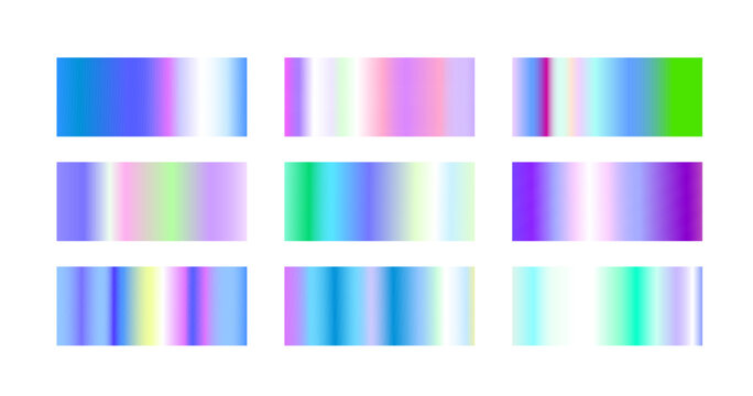 Holographic gradient foil with iridescent rainbow shimmer, realistic vector illustration. Metallic background, chrome texture with smooth color and glossy hologram effects, swatch for modern design