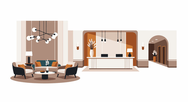 Modern hotel lobby with a reception desk, seating area, and elevators