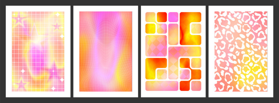 Abstract Y2K posters in dreamy gradient colors. Vector realistic illustration of vivid banners with wireframe, geometric and leopard pattern on gradation background, creative trendy backdrop designs