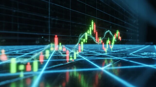 Financial chart stock market trading graph candlestick chart digital data investment analysis market trend futuristic interface glowing green and red bars blue grid surface business growth economic