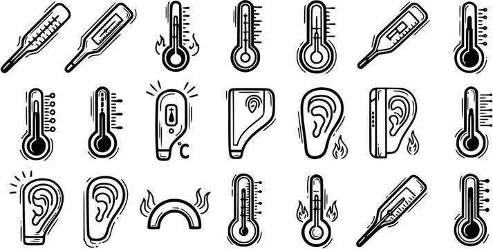Black and White Line Art Icons: Thermometers and Ears for Medical Industry