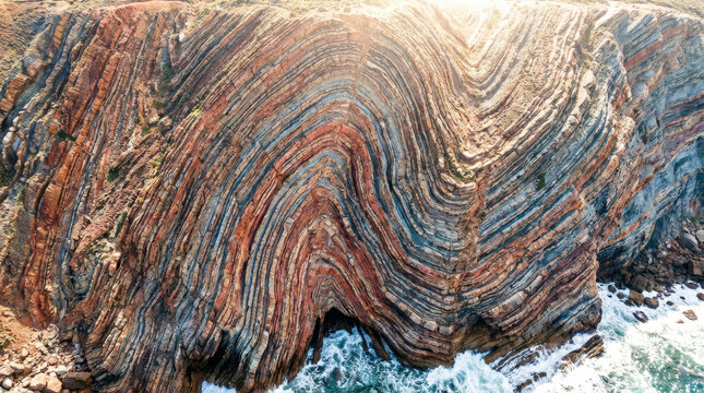 Dramatic geological rock formations with colorful layers of sediment and strata on a cliffside overlooking the ocean.