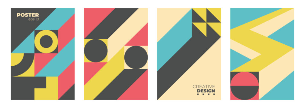 Abstract Posters Collection. Bauhaus theme color geometric shapes. Backgrounds for modern creative graphic design. Vector illustration.
