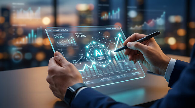 Business person using a transparent digital tablet with glowing artificial intelligence data charts and market trend graphs in a dark office environment