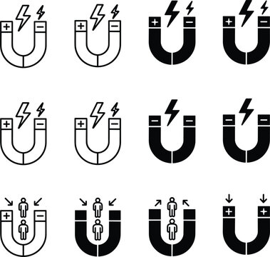 Magnetic attraction and customer retention line icon set for inbound marketing lead generation business strategy and physics science