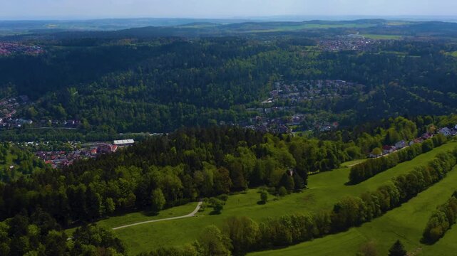 Aerial view beside the old town of the city Bad Liebenzell in south Germany on a sunny spring noon in te black forest
