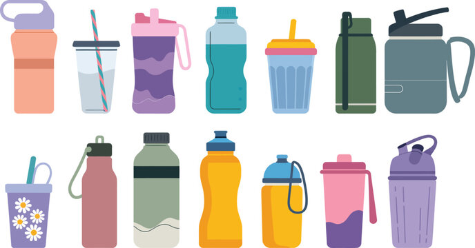 Set of various reusable water bottles and sports drinks containers icons.