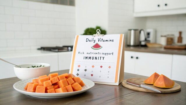 Kitchen counter with fresh papaya cubes and daily vitamins sign