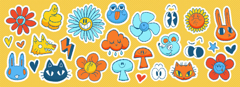 Trendy Y2K characters sticker pack with groovy smiling faces, funny flowers, bunny, mouse and cat retro cartoon vector icons. Cute happy and angry emoticons patch with eyes in cool pop art style