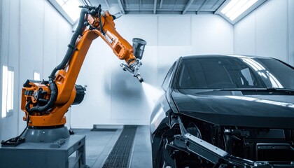 Orange Robotic Arm Spraying Dark Car Body in Modern Automotive Paint Booth