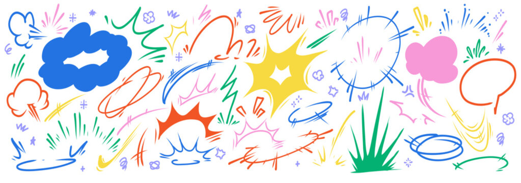 Dynamic comic speed lines set isolated on white background. Vector cartoon illustration of active motion effects, doodle wind, jump, explosion, fly trails, fast action emphasis design elements