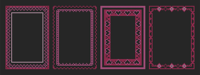 Obraz premium Traditional geometric cross stitch floral frames isolated on black canvas background. Vector realistic illustration, red pink ethnic embroidery rectangle borders with abstract flowers, hearts motifs