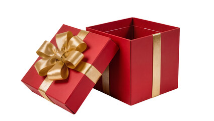 Fototapeta premium Red gift box with gold ribbon and bow, lid open