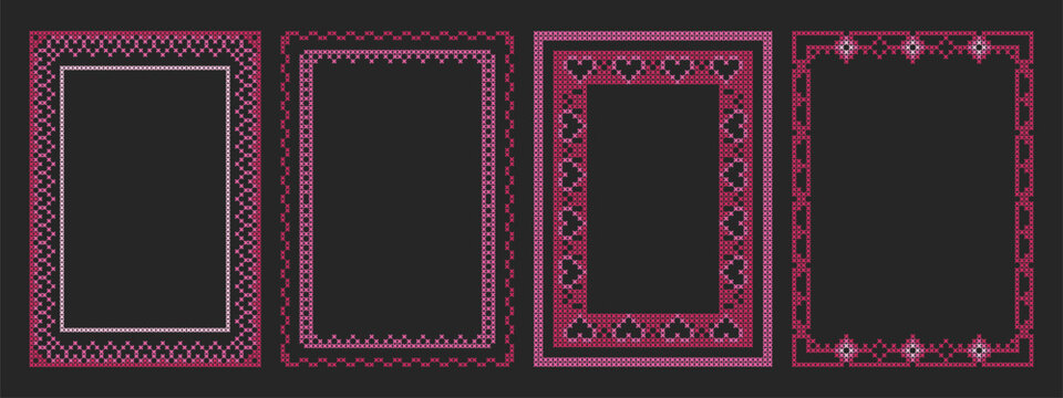 Traditional geometric cross stitch floral frames isolated on black canvas background. Vector realistic illustration, red pink ethnic embroidery rectangle borders with abstract flowers, hearts motifs