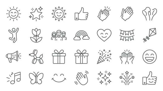 Collection of various line art icons representing happiness and positive concepts