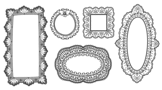 Vintage lace frames with whimsical floral pattern and coquette frills borders, vector illustrations isolated on white background. Elegant design for romantic wedding invitations with ribbon bow