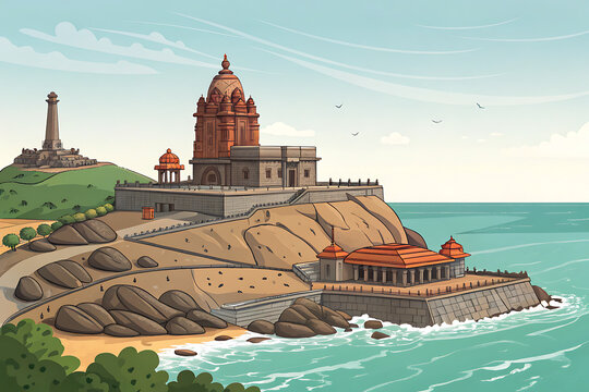 Vivekananda Rock Memorial, Kanyakumari, modern vector travel artwork