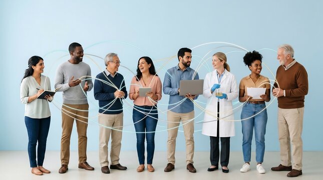 Diverse group of professionals and adults connected by glowing digital network lines on a light blue background