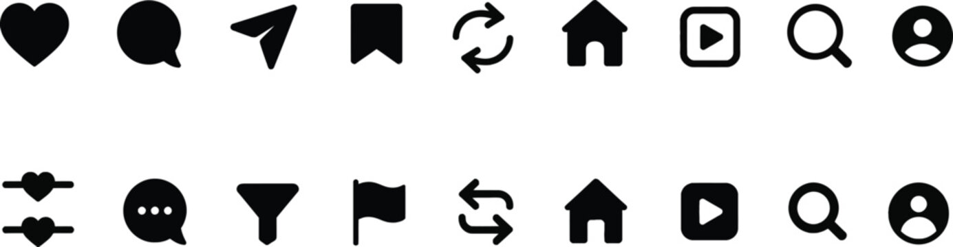 Social Media Interface and Notification Icon Set, Minimalist Black Silhouette Vector Elements