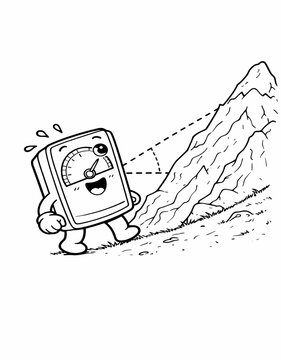 Cute cartoon clinometer character measuring slope angle of mountain, black and white line art coloring page for kids.