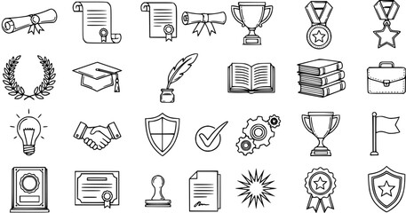 Naklejka premium Black and White Line Art Icons of Graduation and Achievement Symbols - Diplomas, Trophies, Books, Medals
