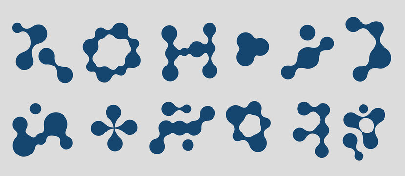 Abstract metaball pattern with morphing circular shapes and fluid organic forms, vector illustration isolated on background. Ink blue blobs with connected molecular structure for modern tech design