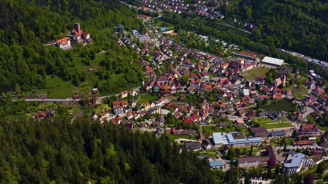 Aerial view beside the old town of the city Bad Liebenzell in south Germany on a sunny spring noon in te black forest