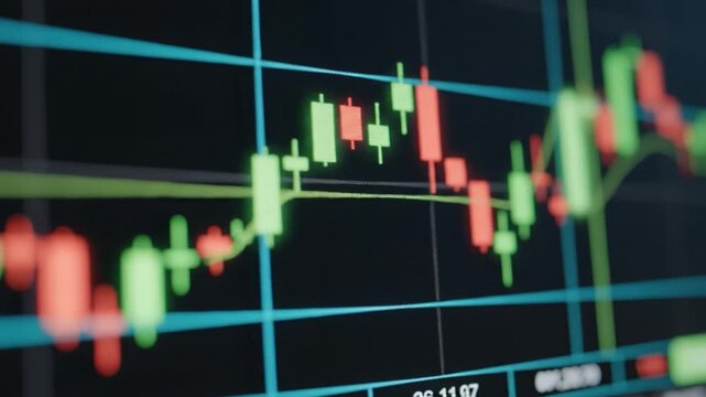 Stock market financial chart candlestick graph trading data investment analysis stock price market trend green candle red candle digital display stock exchange financial trading market trend insights