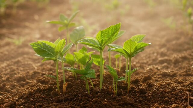 Young green seedlings growing in rich dark soil during spring growth process close up nature farming