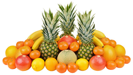 Assorted fresh tropical and citrus fruits including pineapples bananas oranges lemons, and melon © Elowen