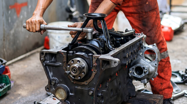 Mechanic Tightening Crankshaft Main Bearing Cap Bolts on Disassembled Car Engine Block Close Up Concept