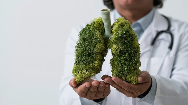 Doctor holding green lungs model with cigarette