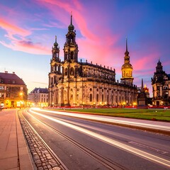 Obraz premium A stunning European cityscape at dusk with a grand historic building