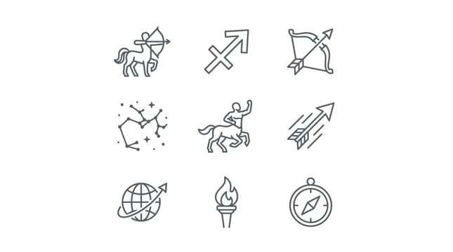Zodiac symbol collection sagittarius icons and line art illustrations