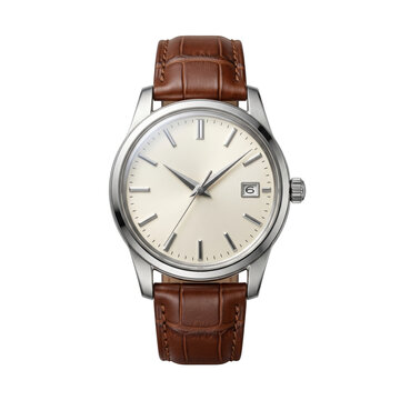 Classic men's silver wristwatch with brown leather strap