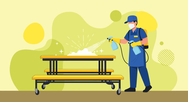 Professional cleaner disinfects public picnic table with spray bottle and backpack sprayer