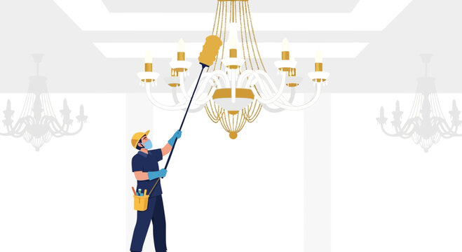 Professional cleaner dusting a large ornate chandelier with a long-handled duster